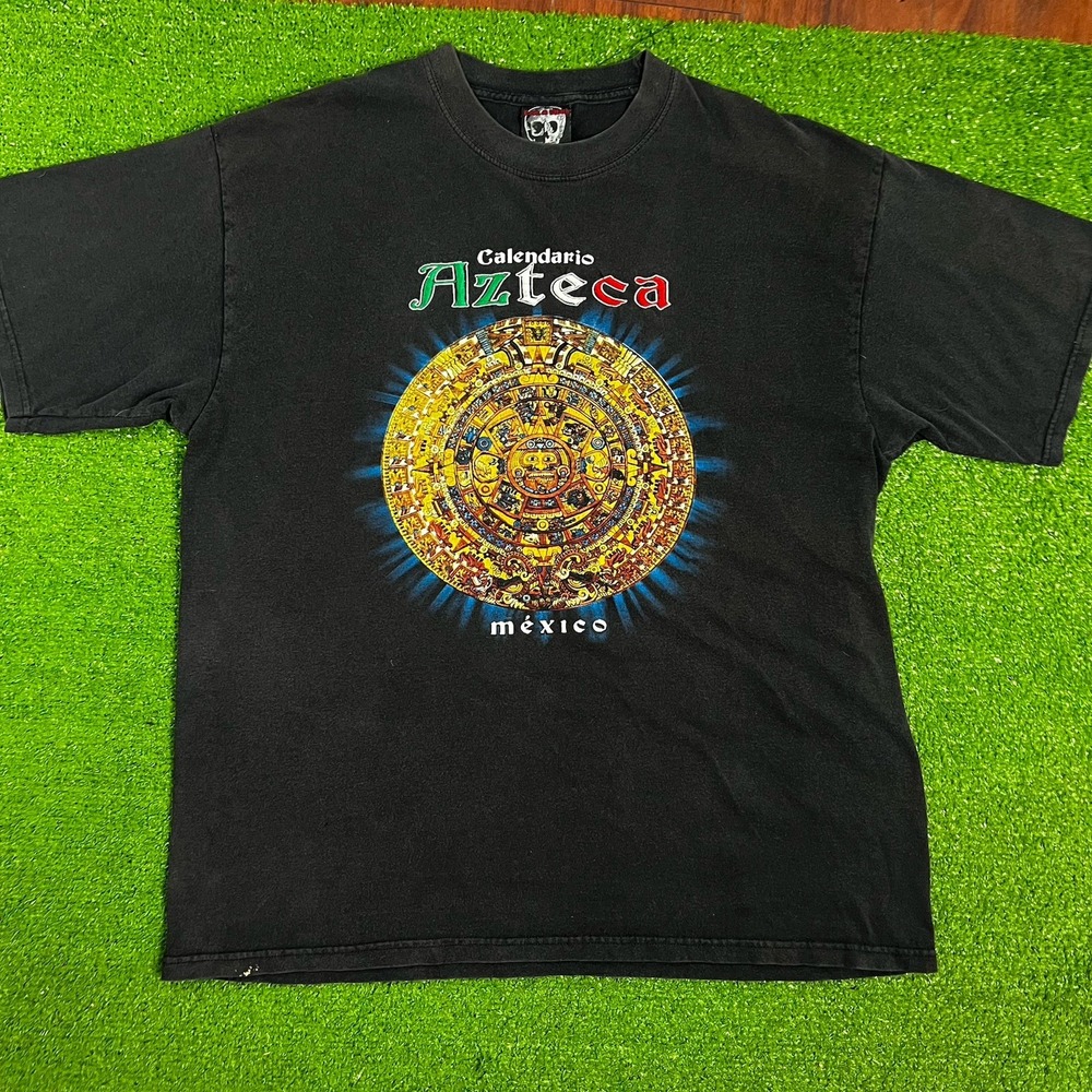 Y2K Shirt Rock & Death Lg XL vintage Mexican Aztec Calender Raised‎ Embroidery